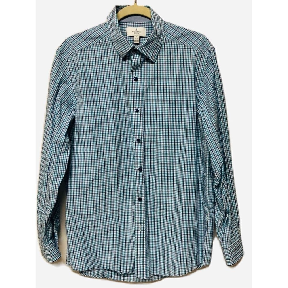 Buttoned Down Mens Sz Large Blue Plaid Long Sleeve Shirt Buttoned Collar/Cuffs